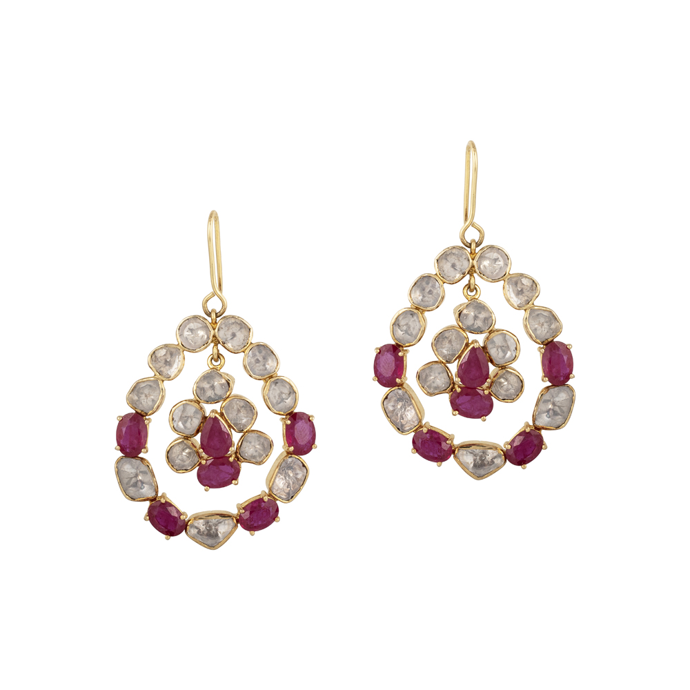 Earrings with Uncut Diamonds Polki & Ruby Teardrop